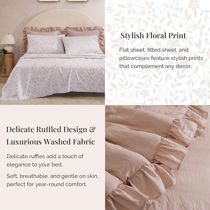 King Size Comforter Set-7 Pieces Ruffle Bedding Floral Sheet | Pink Bed in a Bag, Soft Lightweight All Season Farmhouse King Size Bedding Sets with Floral Sheets, Pillowcases & Shams