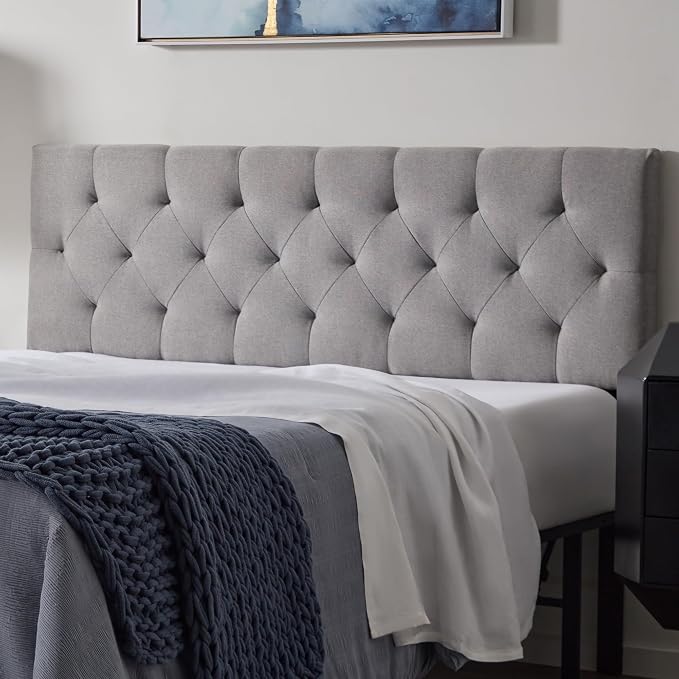 Lucid Mid-Rise Upholstered Headboard - Diamond Tufted - Padded Polyester - Adjustable Height from 34” to 46” - Easy Assembly - Bed Frame or Wall Mount - Sturdy - Stone - Full / Full XL Size