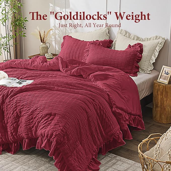 JOLLYVOGUE Burgundy Queen Comforter Set, 3 Pieces Seersucker Comforters Queen Size, Lightweight & Fluffy Bedding Sets for All Season with 1 Ruffle Comforter and 2 Ruffle Pillowshams