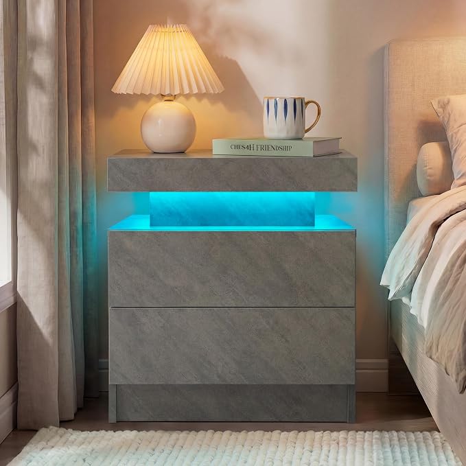i-aplus Gray Modern LED Nightstand Set of 2 with 2 Wood Drawer for Bedroom | Nightstands with App-Controlled RGB LED Lights, Night Stand with Storgae Drawer, Modern Bedside Table for Bedroom