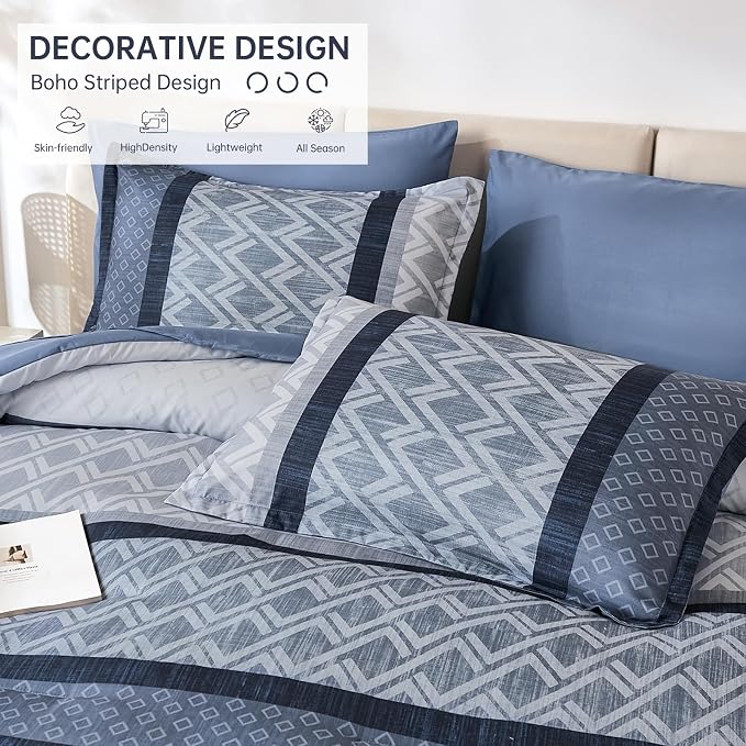 Cottolester Queen Comforter Set,Mineral Blue Boho Striped Bed in a Bag, | 7 Pieces Bed Set,Soft Microfiber Complete Bedding Sets
