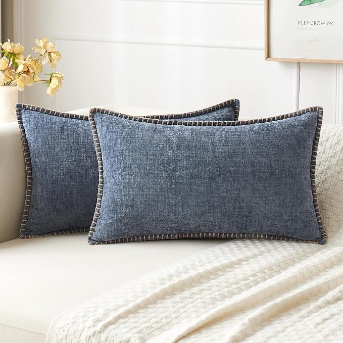 MIULEE Decorative Lumbar Throw Pillow Covers 12x20 in Dark Grey Blue 2 Pack | Farmhouse Pillow Covers with Stitched Edge, Soft Chenille Cushion Cases, for Couch Sofa Bed Living Room Home Decor