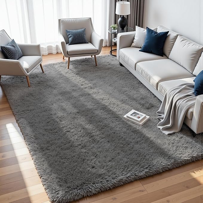 8x10 Fluffy Shag Area Rugs for Living Room Bedroom: Soft Carpet Light Gray | Upgraded Non-Slip Thick Memory Foam, Ultra Soft, Non-Shedding Fuzzy Carpet, Easy Clean Decor for Kids Room, Nursery, Playroom