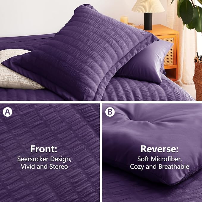 Full Size Comforter Sets, 7 Pieces Purple Seersucker Bed in a Bag | OEKO-TEX Certified, All Season Bedding Set with 240 GSM Down Alternative Comforter, Flat & Fitted Sheets, Pillowcases & Shams