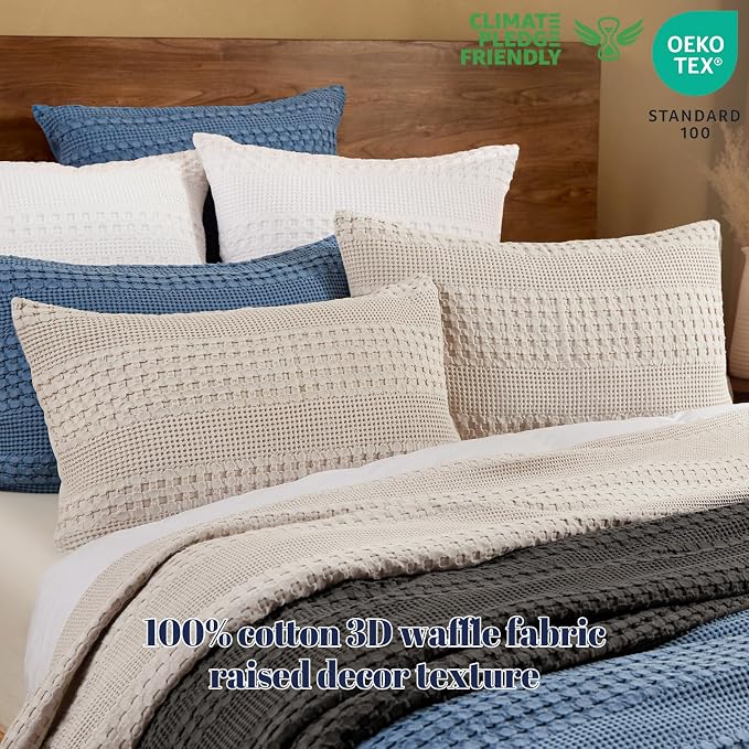 PHF 100% Cotton Waffle Pillow Shams Queen Size, 2 Pack 20" x 30" Soft Skin-Friendly Pillowcases, No Filling, Aesthetic Woven and Breathable Waffle Weave Pillow Case Covers for Bed, Oatmeal