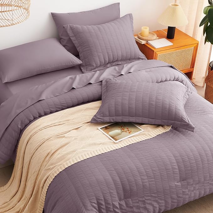 Oversized King Seersucker Comforter Set, Dusty Purple, 120 x 98 in | OEKO-TEX Certified, 7 Pieces Bed in a Bag with 240 GSM Down Alternative Comforter, Flat & Fitted Sheets, Pillowcases & Shams