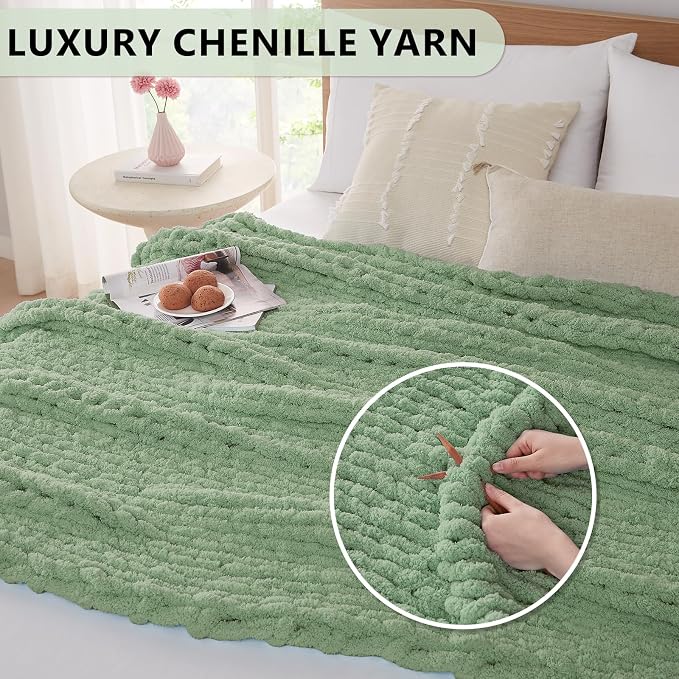 L'AGRATY Chunky Knit Throw Blanket for Couch, 50 x 60 Inches, Sage Green | Handmade Chenille Crochet Blanket for Sofa Bed, Thick Cable Knitted Blankets for Room Home Decor, Birthday Gift for Women Mom