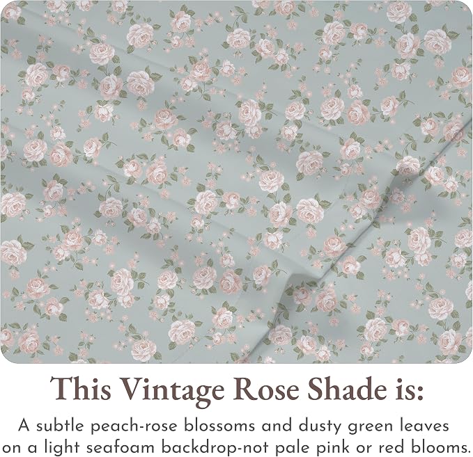 Soft Natural 100% Cotton Sateen Full Sheets, 4 Pc Set, Vintage Rose Print | Backed by Good Housekeeping Seal, Light & Breathable For Hot Sleepers, 14" Deep Pocket, All-Around Elastic, Durable