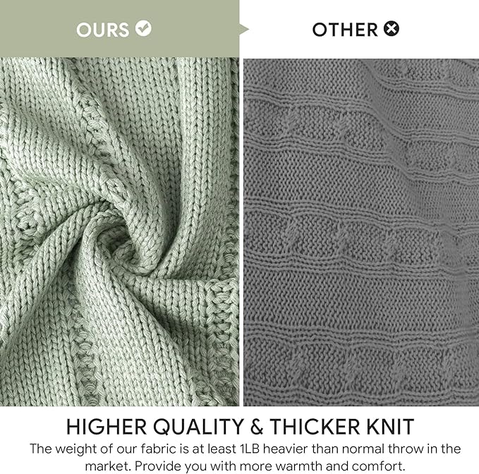 RECYCO Cable Knit Throw Blanket, Sage Green, 60"x80" | 3.6LB, Soft Lightweight Warmth Layer, Breathable All Season Use, Decorative Home Accent, for Couch, Bed, Sofa