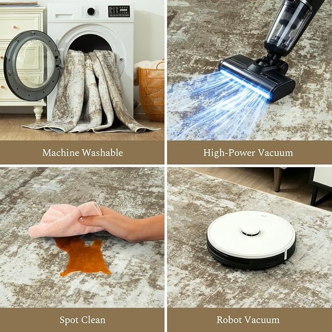 Rugflix 5x7 Area Rugs for Living Room, Washable Brown Large Rug | Machine Washable; Stain-Resistant; Low Pile; Non-Slip; Modern Abstract; Carpet for Bedroom Dining Office Nursery Home
