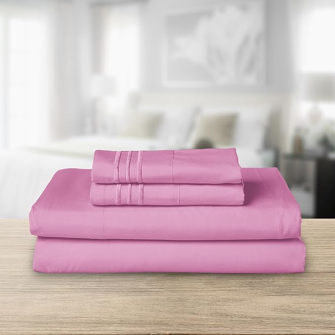 Elegant Comfort Luxurious 1500 Premium Hotel Quality Microfiber Three Line Embroidered Softest 4-Piece Bed Sheet Set, Wrinkle and Fade Resistant, King, Light Pink