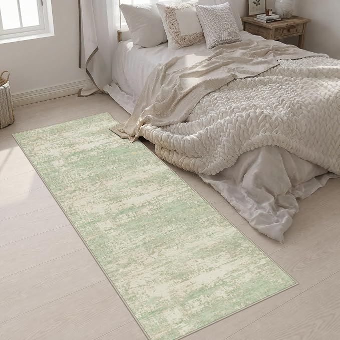 3x8 Washable Runner Rug：Modern Abstract Soft Carpet Green Cream | For Hallway, Bedroom, Kitchen, Laundry, Bathroom,Door Mat,Modern Abstract,Machine washable,Non-Slip,Stain Resistant,Indoor