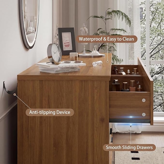Dresser for Bedroom with 6 Drawer, Modern Chest of Drawers with X-Shaped Sturdy Base, Wide Wood Double Dresser Closet Clothes Storage Organizer, Wooden TV Stand for Living Room, Hallway, Walnut