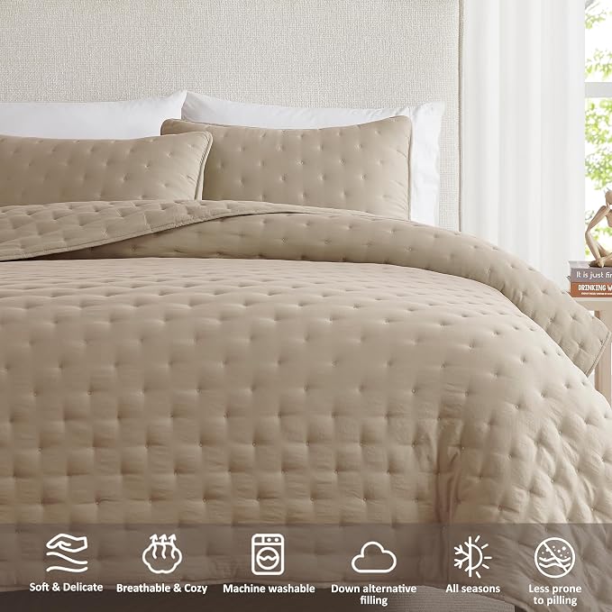 WDCOZY Beige Cloud Twin Size Quilt Set, Tan Lightweight Farmhouse Bedspread, Rustic Country Coverlet, Taupe Camel Soft Bedding, Thin Comforter for All Season - 2 Pieces, 68x90 inches