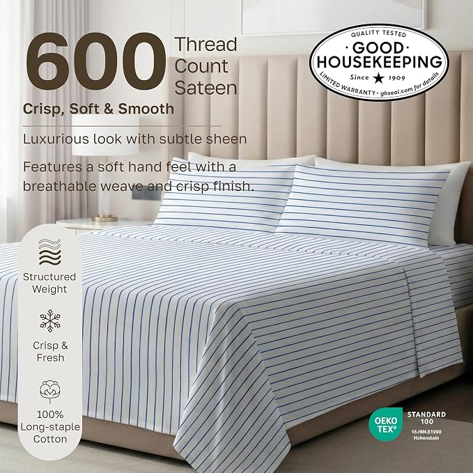 California Design Den 600 Thread Count Queen Size Bed Sheet Set | 100% Cotton Sateen Backed by Good Housekeeping Seal, Soft & Smooth, 16" Deep Pocket, Easy Care - Classic Blue Stripe Print
