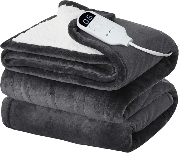 Bedsure Heated Blanket Full Size, Electric Blanket with Preheat, Dark Grey | 6 Heat/6 Timer Settings, 8H Auto Shut-Off, ETL/FCC, Flannel Sherpa, Machine Washable, Gifts for Grandma Grandpa, 72x84in