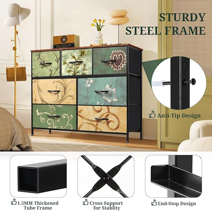 7-Drawer Dresser for Bedroom, Anti-Tip Wide Storage Organizer Fabric | Chest of Drawers TV Stand for 45" TV with Wooden Top Metal Frame for Closet, Living Room, Hallway, Entryway, Floral Painted