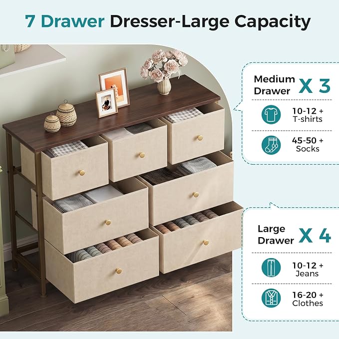 OLIXIS 7 Drawer Fabric Dresser, Storage Tower for Bedroom and Closet | Easy-Pull Bins for Closet Organizers, Chest of Drawers with Steel Frame & Wooden Top for Living Room, Entryway, Khaki