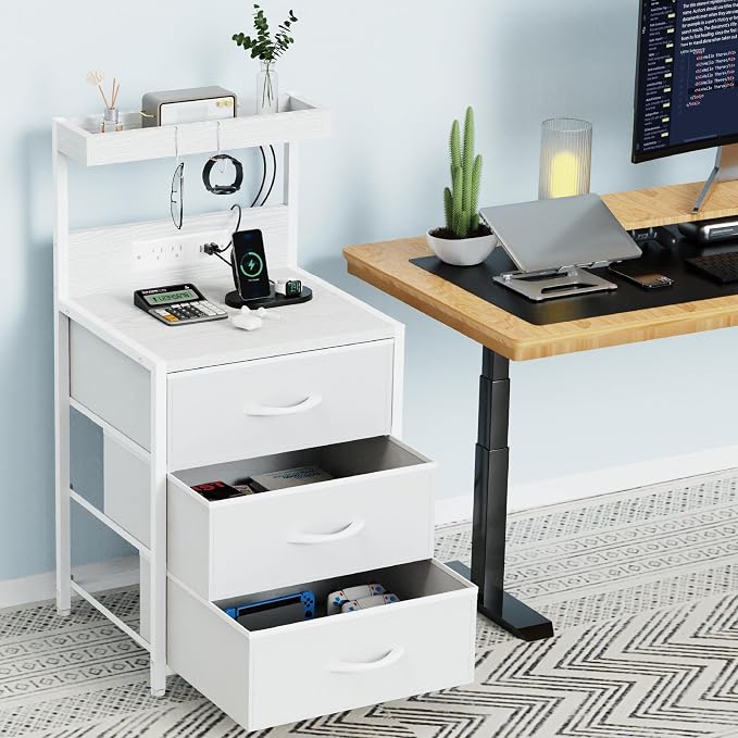 LED Night Stand with Charging Station Set of 2, 3 Fabric Drawer, White | Nightstand Bedside Table with USB Ports and Outlets, End Side Table Night Stand for Bedroom with Storage Shelf and Hooks