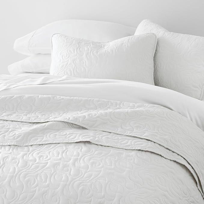 Merit Linens Modern Quilt Coverlet Soft Set in Floral Stitching - Full/Queen White