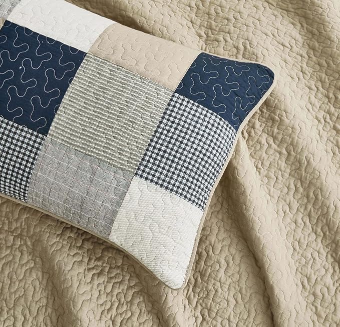 Chezmoi Collection Samuel 3-Piece Navy Blue White Gray Taupe Plaid Square Patchwork Quilt Set - Pre-Washed Cotton Quilted Coverlet - Lightweight Reversible Bedspread for All Seasons, Queen Size