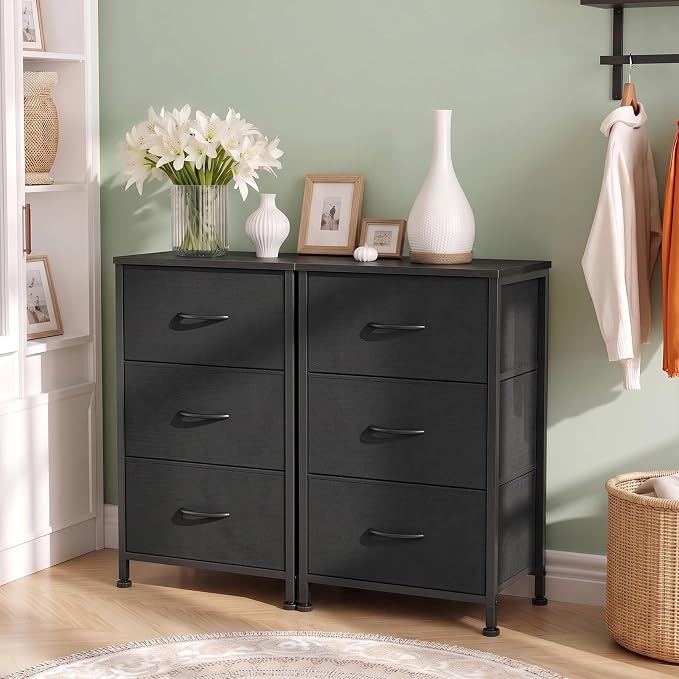 3 Drawers Dresser for Bedroom Fabric Storage Tower with Wooden Top | Steel Frame Chest of Drawers for Closet Entryway Dorm and Small Spaces, Black