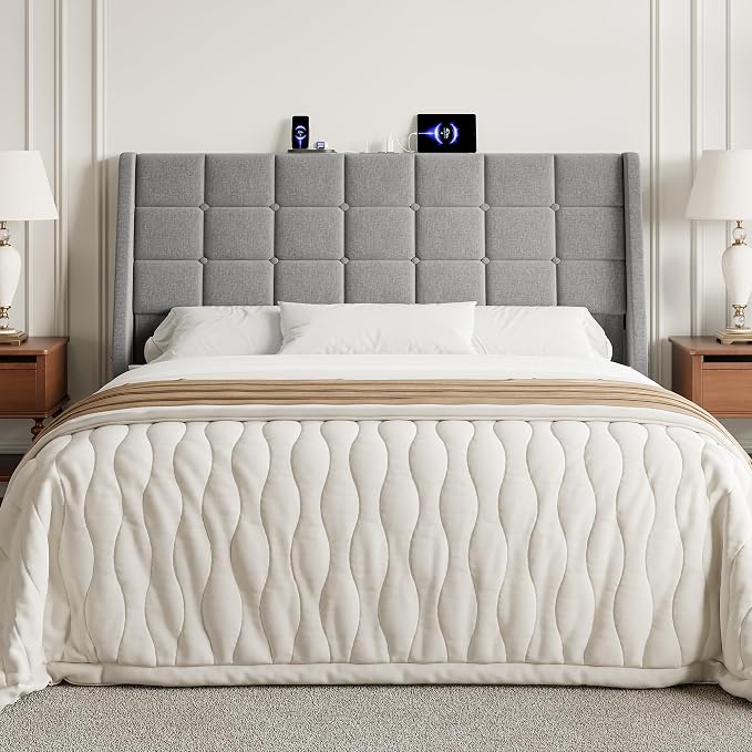 Queen Size Headboard with Charging Station, Wingback Ergonomic Headboards | Wingback Upholstered Bed Head Board with Storage Pocket, Sturdy Stable Solid Wood Headboard, Bed Frame Adapters, Light Grey