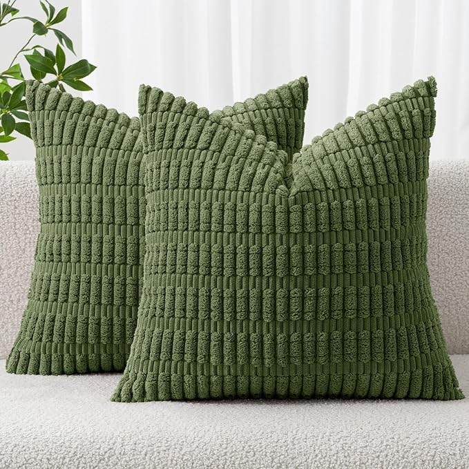 MIULEE Corduroy Decorative Throw Pillow Covers 18x18 Moss Green Pack of 2 | Soft Boho Striped Pillow Covers Modern Farmhouse Home Decor For Sofa Living Room Couch Bed