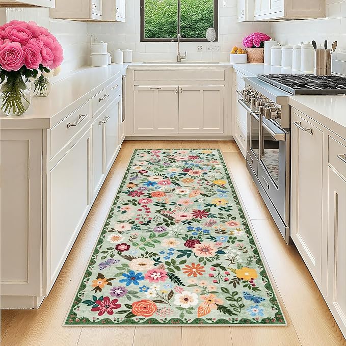 PLHXFR 2.6x8 Washable Runner Rug：Floral Indoor Kitchen Soft Carpet Green | For Hallway Bedroom Kitchen Laundry Bathroom Dorm,Vintage Floral,Machine washable,Non Slip,Stain Resistant,Indoor Floor