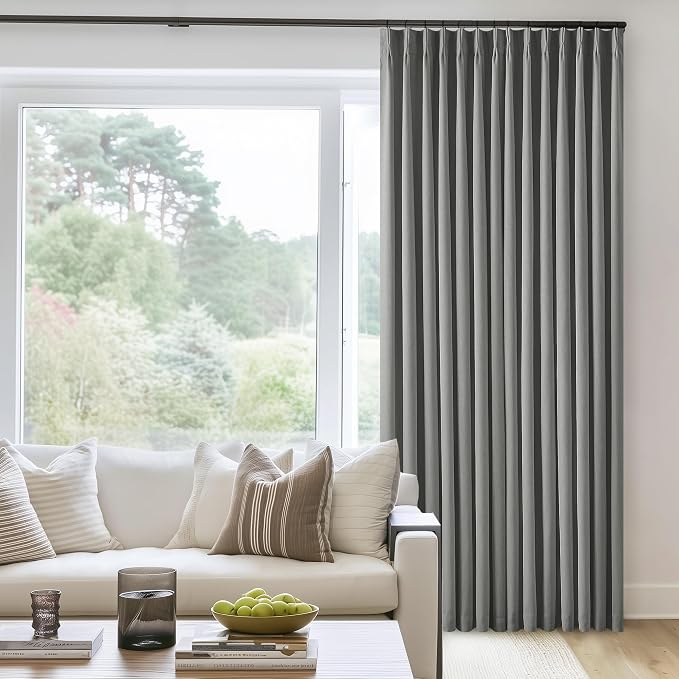 Dark Grey Linen 100% Black Out 120 Inch Curtains for Living Room | Pinch Pleated Back Tab Drapes, Thermal Insulated Full Black Out, W40xL120 Curtains for High Ceiling to Floor, 2 Panels