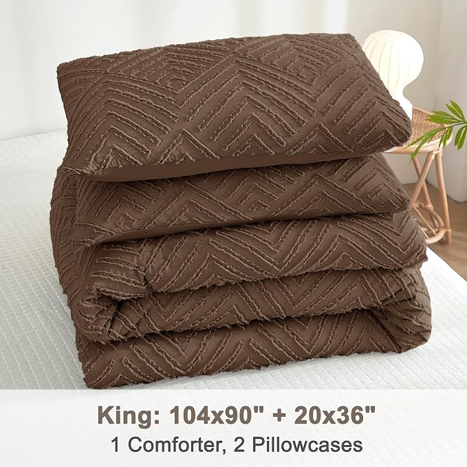 Litanika King Size Comforter Set, 3 Pieces Brown Tufted Boho Bedding Set | Farmhouse Shabby Chic Vintage Bohemian Textured Aesthetic Soft Fluffy Lightweight Breathable All Season Bed Set for King Bed