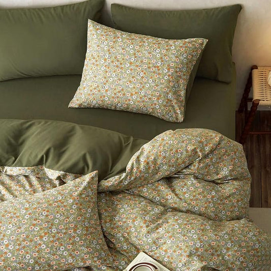 Wake In Cloud - Floral Duvet Cover Set, Cute Vintage Flower Cottagecore Aesthetic for Women Teen Girls, Soft Lightweight Bedding, 3-Piece, Olive Green, Twin/Twin XL Size