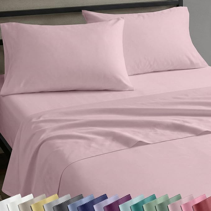 Soft Natural 100% Cotton Sateen Deep Pocket Full Size Sheets Set, Pink | Backed by Good Housekeeping Seal, Light & Breathable For Hot Sleepers, 14" Deep Pocket, All-Around Elastic, Durable