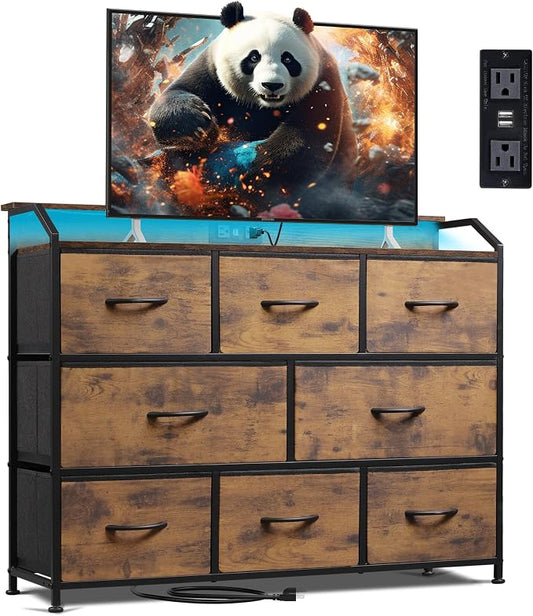 WLIVE Dresser for Bedroom, 8 Drawer LED Dresser with Outlet, Rustic Brown | 8 roomy fabric drawers, LED ambient lighting, Built-in power outlet, Bedroom or living room, Chest of drawers