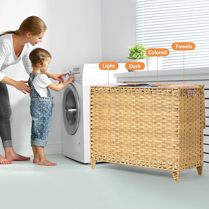 Laundry Hamper with 4 Removable Liner Bags, 176L Laundry Sorter with Lid | Raised Feet; Side Carry Handles; Handwoven PP Rattan; Rust-Resistant Iron Frame; Decorative Woven Design