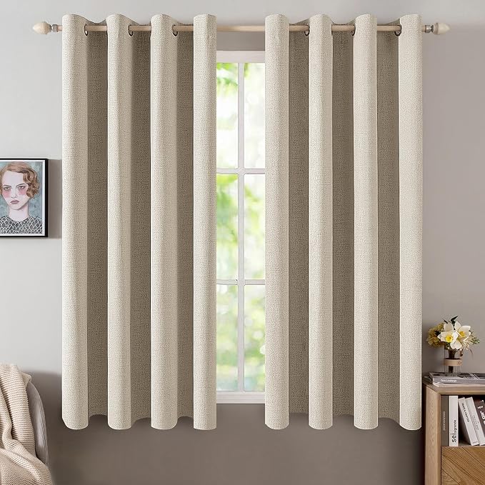 MIULEE 100% Blackout Linen Curtains for Bedroom 52x54 Inches Stone | Room Darkening, Light Blocking, Thermal Insulated, Grommet Top, Linen Textured, Fall Curtains for Living Room, 2 Panels