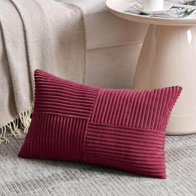 Fancy Homi 2 Packs Burgundy Lumbar Decorative Throw Pillow Covers 16x26 Inch for Couch Bed Sofa, Rustic Farmhouse Boho Spring Home Decor, Soft Striped Corduroy Rectangle Accent Cushion Case