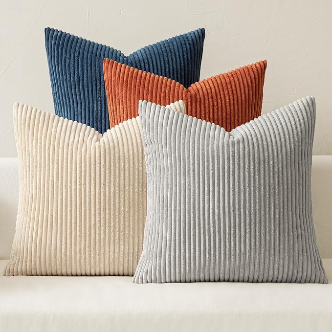MIULEE Soft Corduroy Decorative Throw Pillow Covers Blue-Yellow 20x20 | Set of 4, Mordern Nordic Coastal Decor, Ocean Ember Set, Boho Farmhouse Cushion Covers for Couch Bed Sofa Living Room
