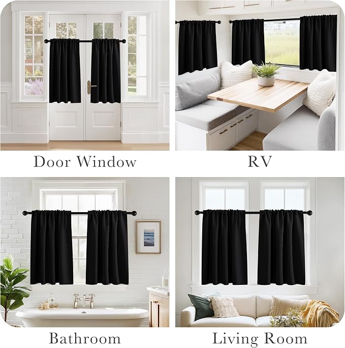 PONY DANCE Short Blackout Kitchen Curtains 36 inch Length, Black, 2 Panels | Half Window Cafe Panles, Black Out RV Bunk Drapes, Thermal Insulated Small Curtains for Basement&Camper, W42 x L36 inches