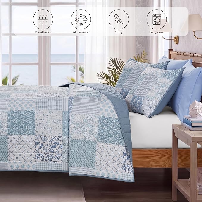 King Quilt Set-3 Pieces Soft Bedding Lightweight Floral Patchwork Coverlet | All Seasons Quilts Queen Size for Bed, 1 Quilt (106" x 94") and 2 Shams (20" x 36"), Vintage Bedspread, Sea Blue