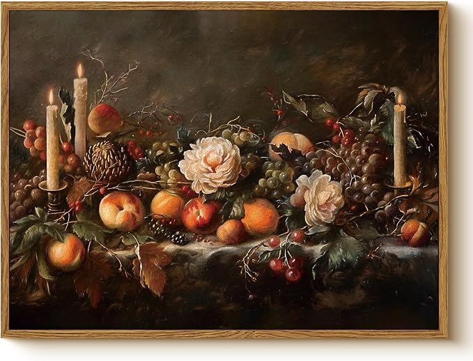 Vintage Framed Autumn Still Life Thanksgiving Wall Art 12x16 Fruits Candles Oil Painting, Rustic Classic Fall Peaches Grapes Canvas Print, Harvest Farmhouse Kitchen Dining Room Decor