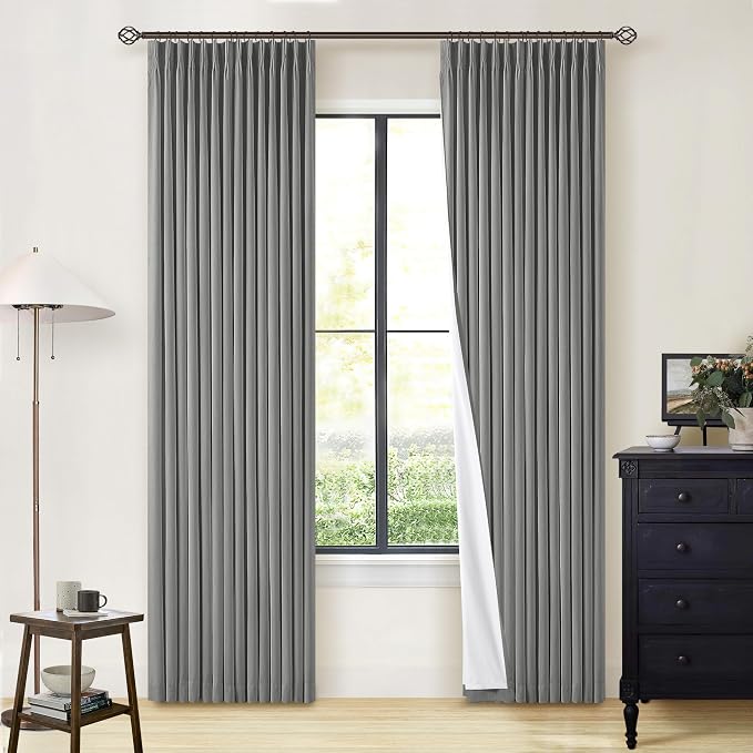 Grey Pinch Pleated 100% Blackout Linen 80 Inch Window Curtains 2 Panels Set | Black Out UV Blocking Thermal Insulated, for Living Room Bedroom, Back Tab Pinch Pleat with Hooks Rings, W40xL80, Dark Gray