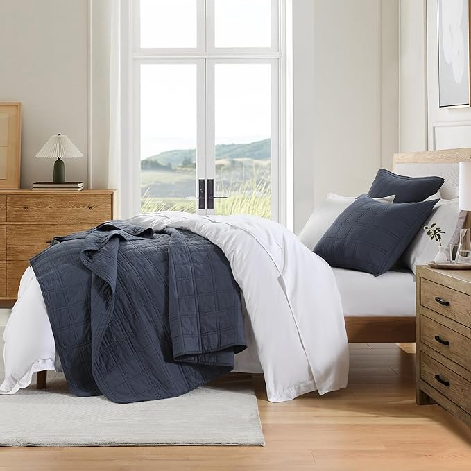 HORIMOTE HOME 100% Cotton Quilt Set King Size, Denim Blue Pre-Washed Bedspreads Coverlet Set in Geometric Pattern, Cozy Lightweight Stitching Decorative Bedding Cover with 2 Shams for All Season