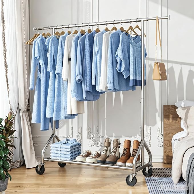 Simple Trending Heavy Duty Clothes Rack, Extensible Clothing Rack, Silver | Garment Rack Load 450 LBS, Portable Closet with Mesh Bottom Shelf, 360° Lockable Wheels, Bedroom, Laundry Room