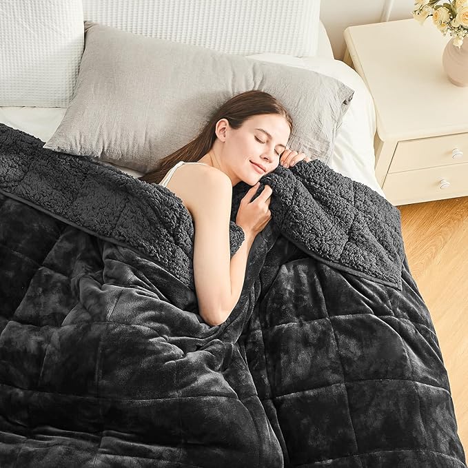 Cottonblue Weighted Blanket 15lbs for Queen Bed - Ultra Soft, Cozy Comfort Sherpa Blanket for Relax and Sleep, Heavy Bed Blankets with Cemaric Beads, 60x80 Inches,Black | Cozy Sherpa Fleece Flannel Weighted Blankets Throw for Sleep Calm Relax, Warm Fuz...