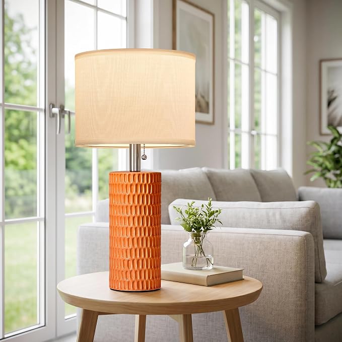 Reaketon 20” Modern Table Lamps Set of 2, Lamps for Bedroom, Orange | Ceramic Table Lamps for Nightstands, Small Table Lamps for Living Room, Bedside, End Table, Kids Room, Pull Chain Switch