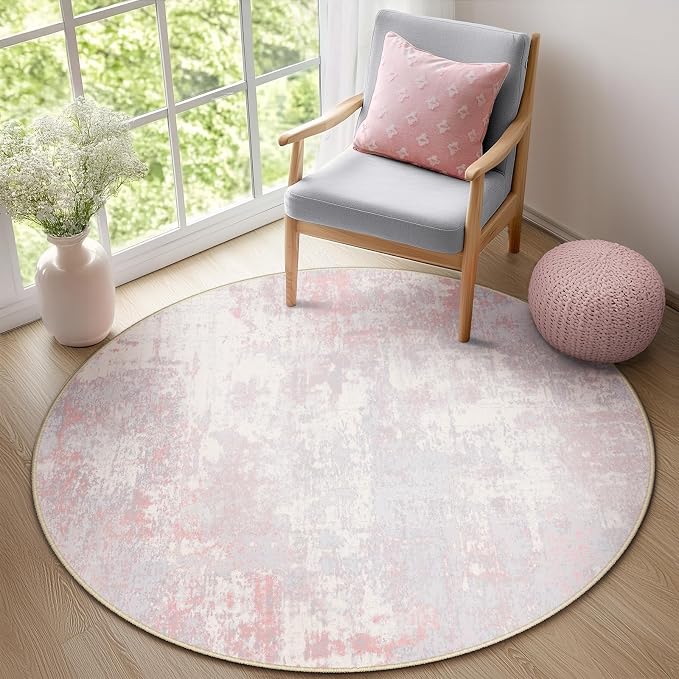 RELEANY Washable Round 6ft Area Rug for Living Room Gray Pink | Carpet for Bedroom, Kitchen, Office, Hallway and Entryway, Printed Pattern, Non‑Slip, Soft, Stain‑Resistant, Easy to Clean