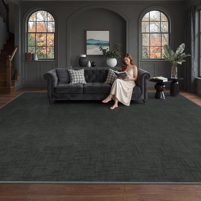 8x10 Area Rugs for Living Room, High-Low Pile Washable Rug, Black | Soft Fluffy Textured Design Non Slip & Lighweight, Folable, Stain Resistant Floor Carpet Rug for Bedroom, Dining Room, Office
