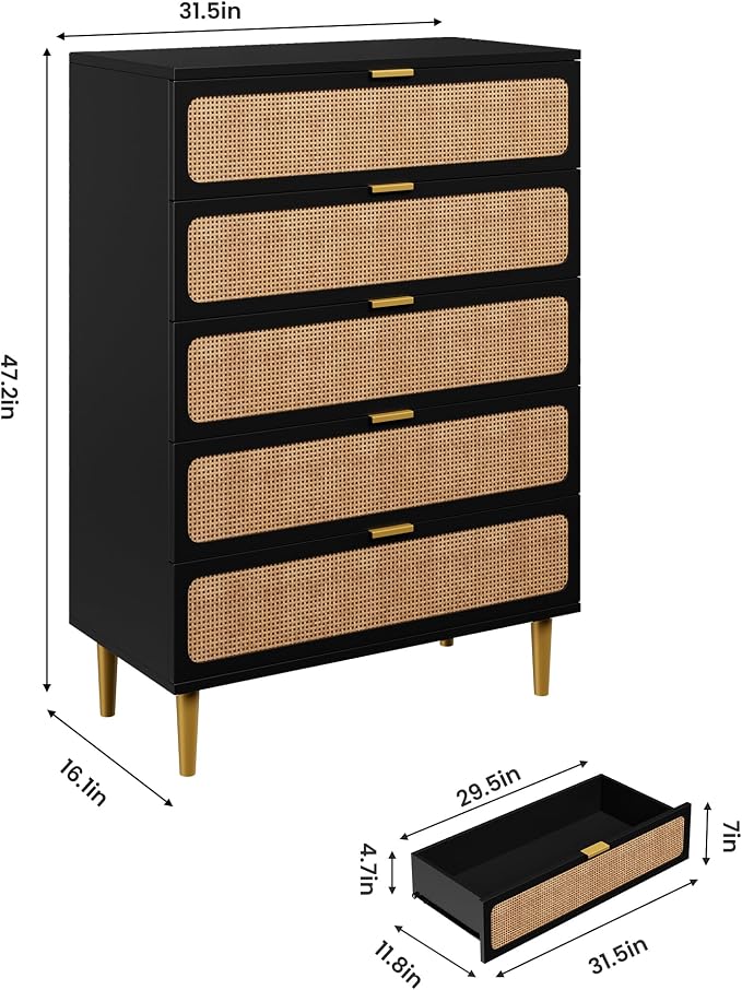 GarveeHome Rattan 5 Drawer Dressers for Bedroom, Deep Drawer, Black | Tall Dresser, Wide Top, for Living Room, Hallway, Kids Room, Large Chest of Drawers for Closet, Long Wooden Dresser