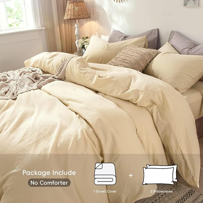 MooMee Duvet Cover Set 100% Washed Cotton Linen Like King | Relaxed Linen-like Texture. Soft, Breathable & Long-lasting Comfort. Lightweight. Hidden Zipper with 8 Interior Corner Ties